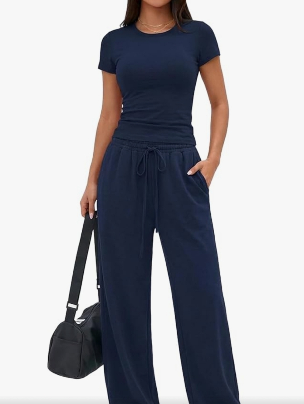 Wide-Leg Drawstring Pants Set in Navy by